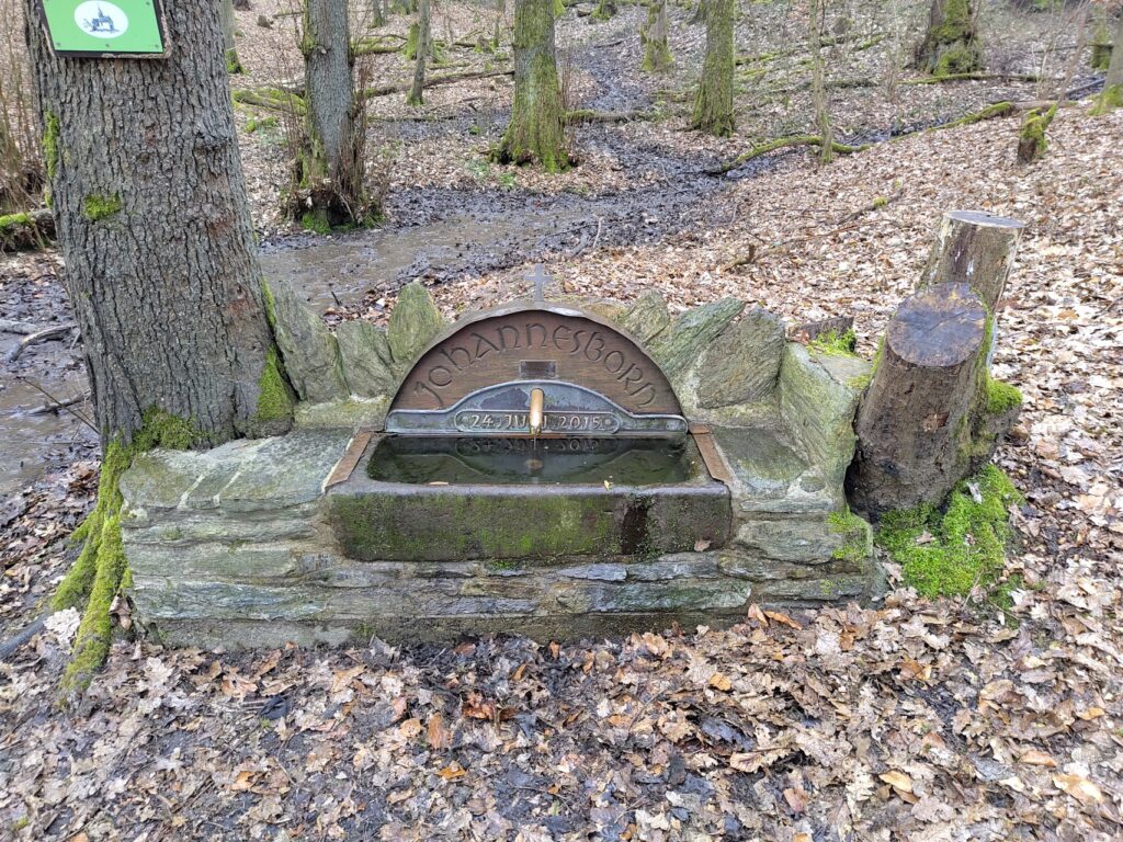 Ein steinerner Brunnen in einem Waldgebiet mit der Aufschrift 'Johannesborn' und dem Datum '24. Juli 2015'. Der Brunnen ist von Bäumen umgeben und hat einen kleinen Wasserauslauf. Der Waldboden ist mit Laub und Moos bedeckt