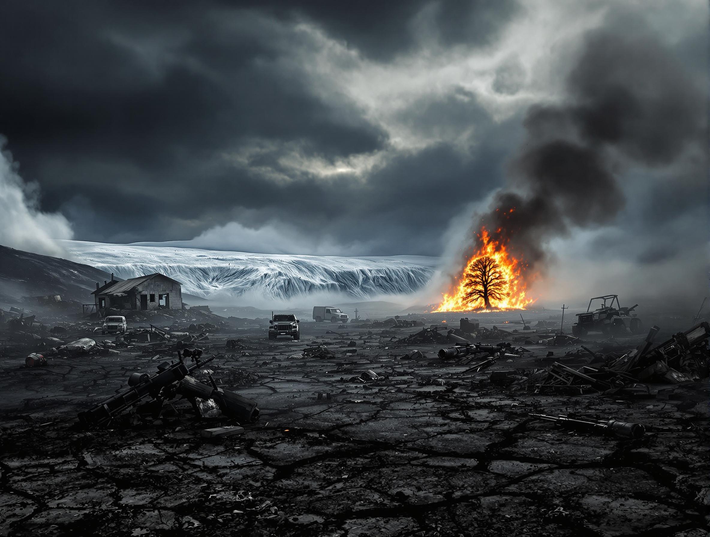Eine apokalyptische Landschaft, die die Zerstörung der Umwelt zeigt. Brennende Wälder und schmelzendes Eis sind zu sehen, während Rauchwolken den Himmel verdunkeln. Die Szene vermittelt ein Gefühl von Chaos und Dringlichkeit angesichts der Umweltzerstörung.
